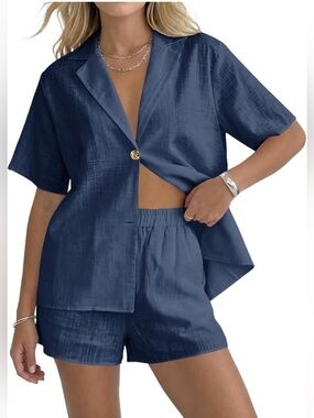 Dark/Navy Blue 100% cotton Button-Front Short Set